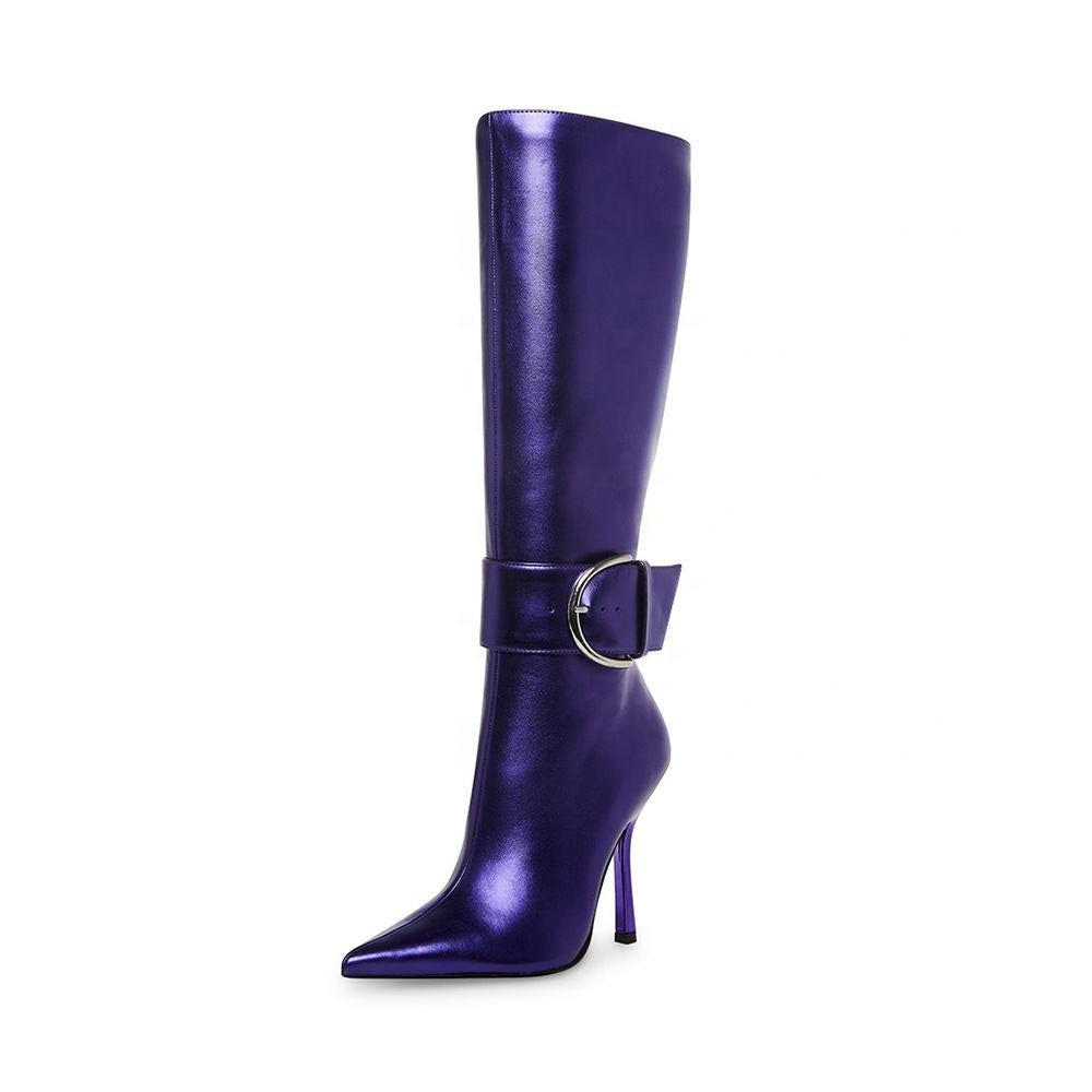 Fashion Buckle Knee High Boots Pointed Toe Stilettos High Heels Party Wear Boots