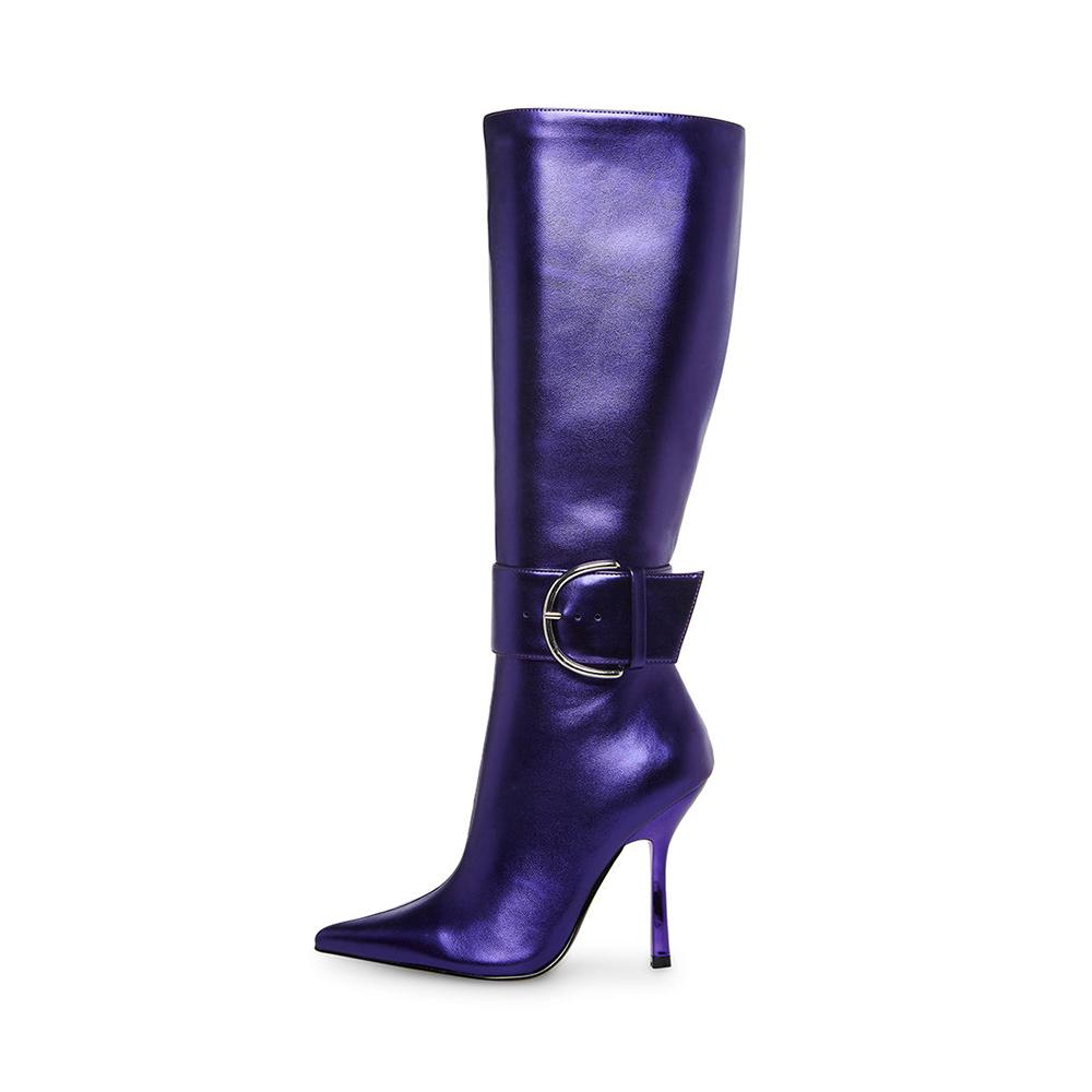 Fashion Buckle Knee High Boots Pointed Toe Stilettos High Heels Party Wear Boots