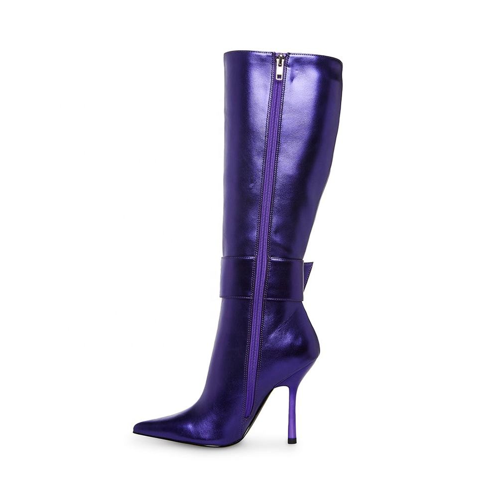 Fashion Buckle Knee High Boots Pointed Toe Stilettos High Heels Party Wear Boots