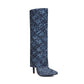 Blue Fashion Fabric Fold Over Stiletto Heel Pointed Toe Knee High Boots