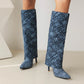 Blue Fashion Fabric Fold Over Stiletto Heel Pointed Toe Knee High Boots