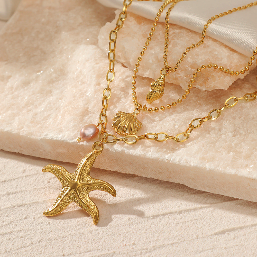 Fashion Gold Starfish Seashell Multilayer Necklace