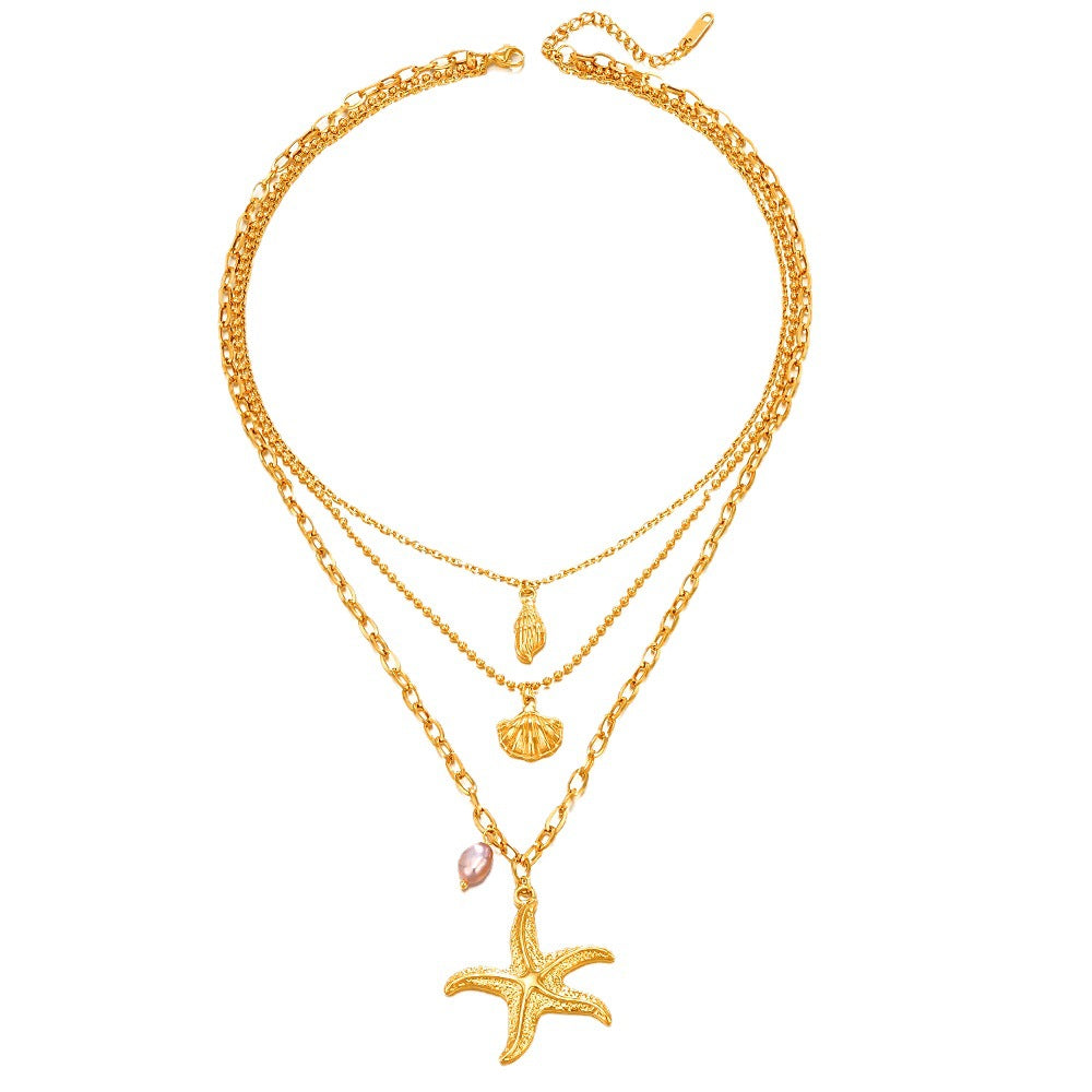 Fashion Gold Starfish Seashell Multilayer Necklace