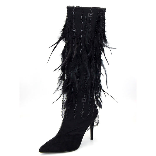 Black Feathered Pointed Toe Stiletto Heel Knee-High Boots