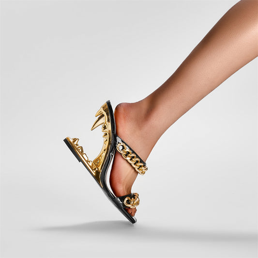 Gold Chain Animal Tooth Design Mule Heel Sandals