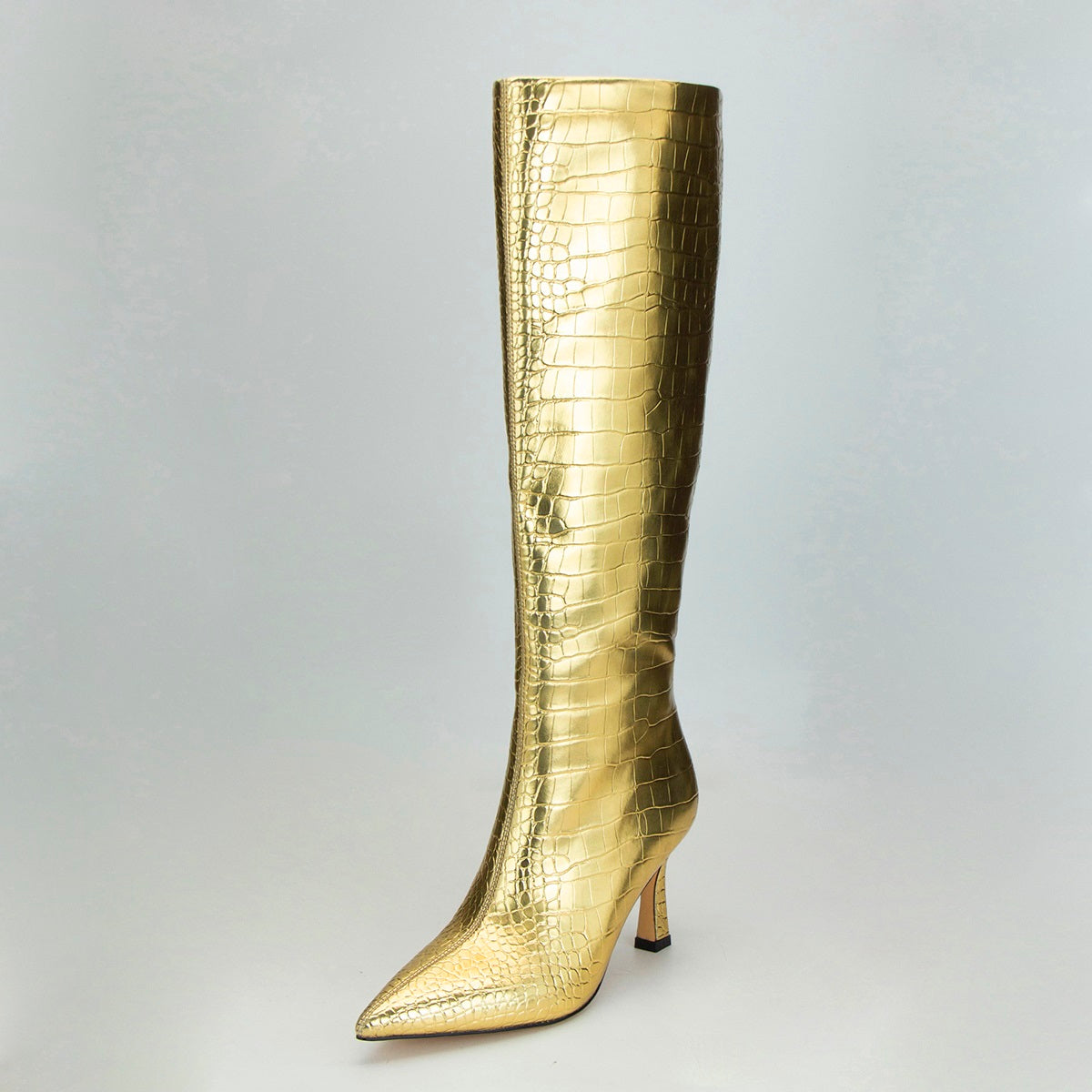 Gold Croc Vegan Leather Stiletto Heel Knee-High Boots