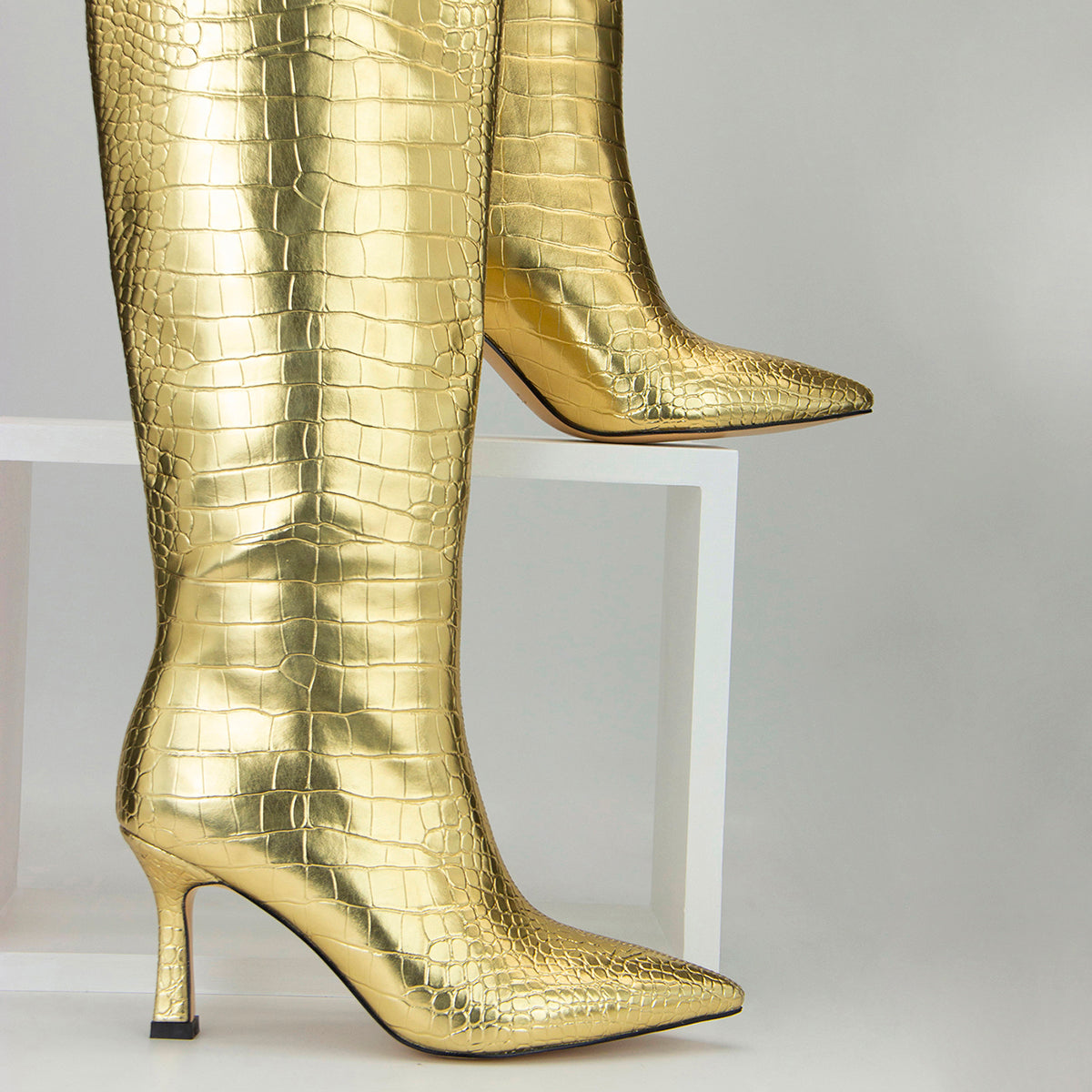 Gold Croc Vegan Leather Stiletto Heel Knee-High Boots