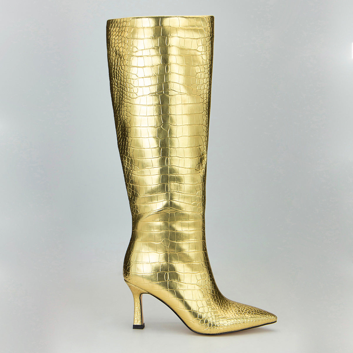 Gold Croc Vegan Leather Stiletto Heel Knee-High Boots