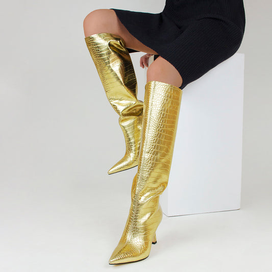 Gold Croc Vegan Leather Stiletto Heel Knee-High Boots