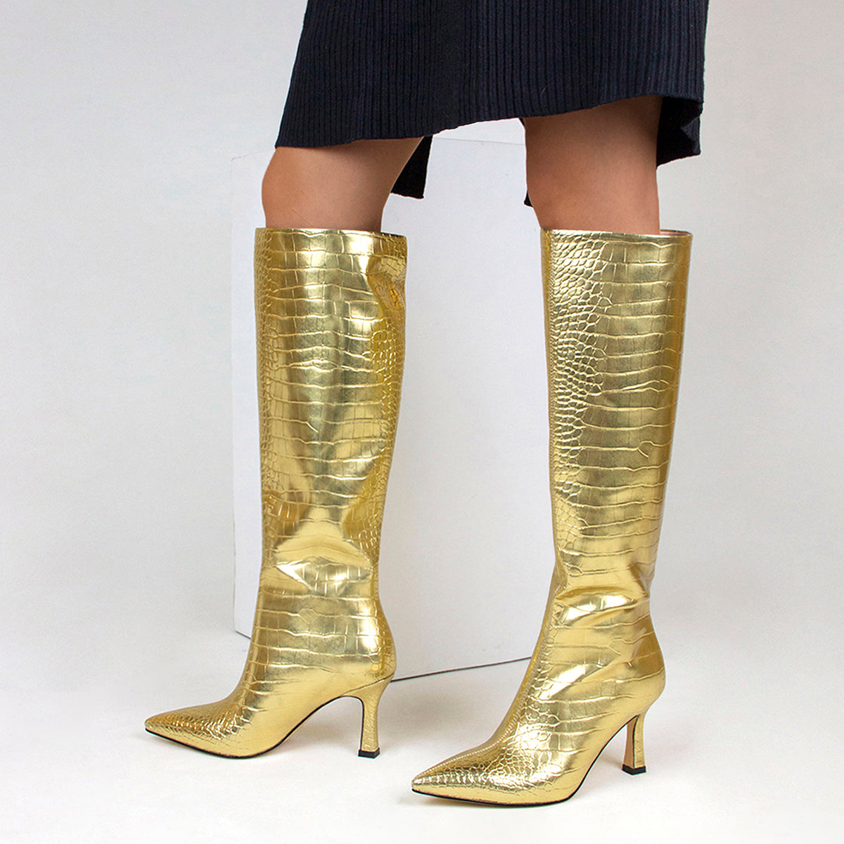 Gold Croc Vegan Leather Stiletto Heel Knee-High Boots