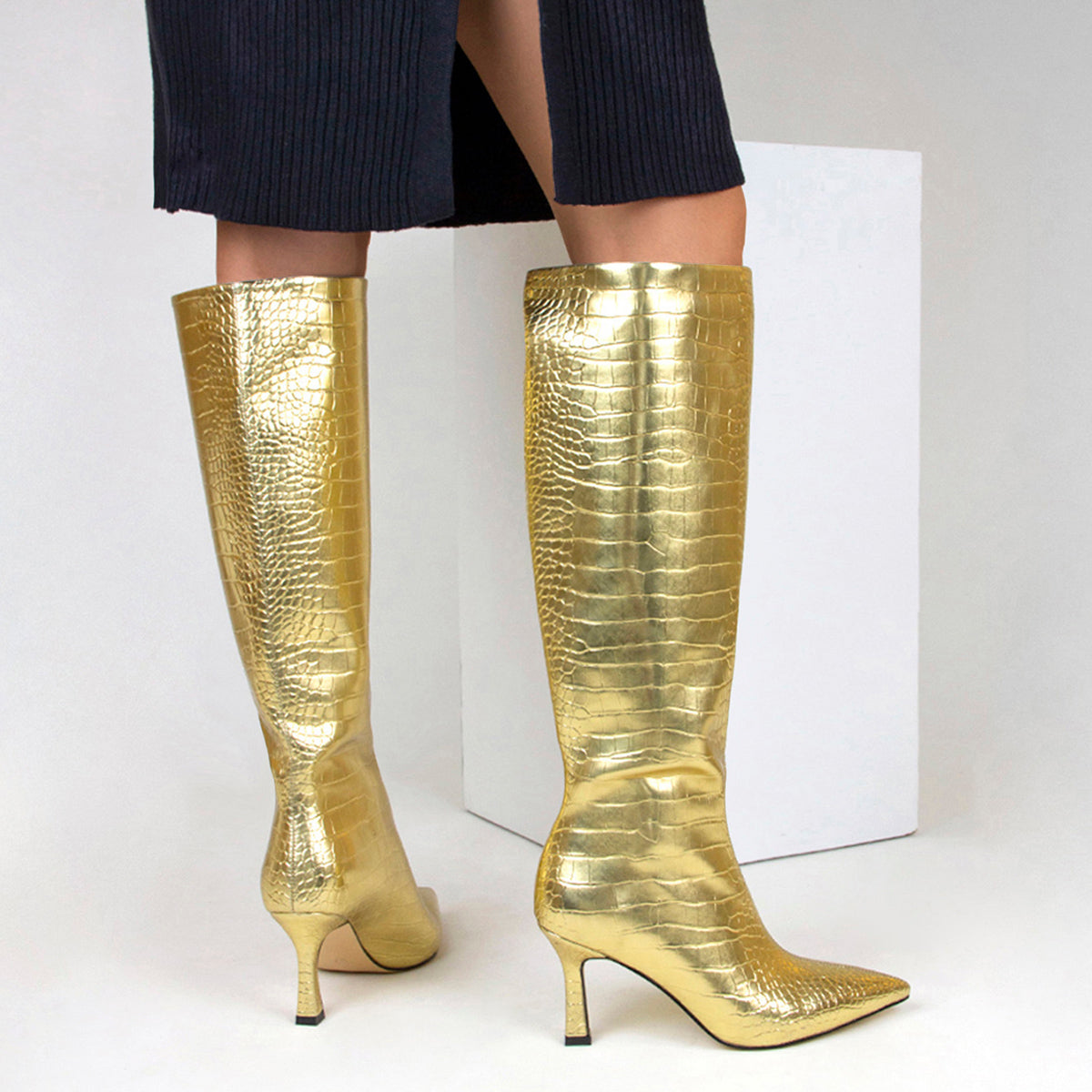 Gold Croc Vegan Leather Stiletto Heel Knee-High Boots