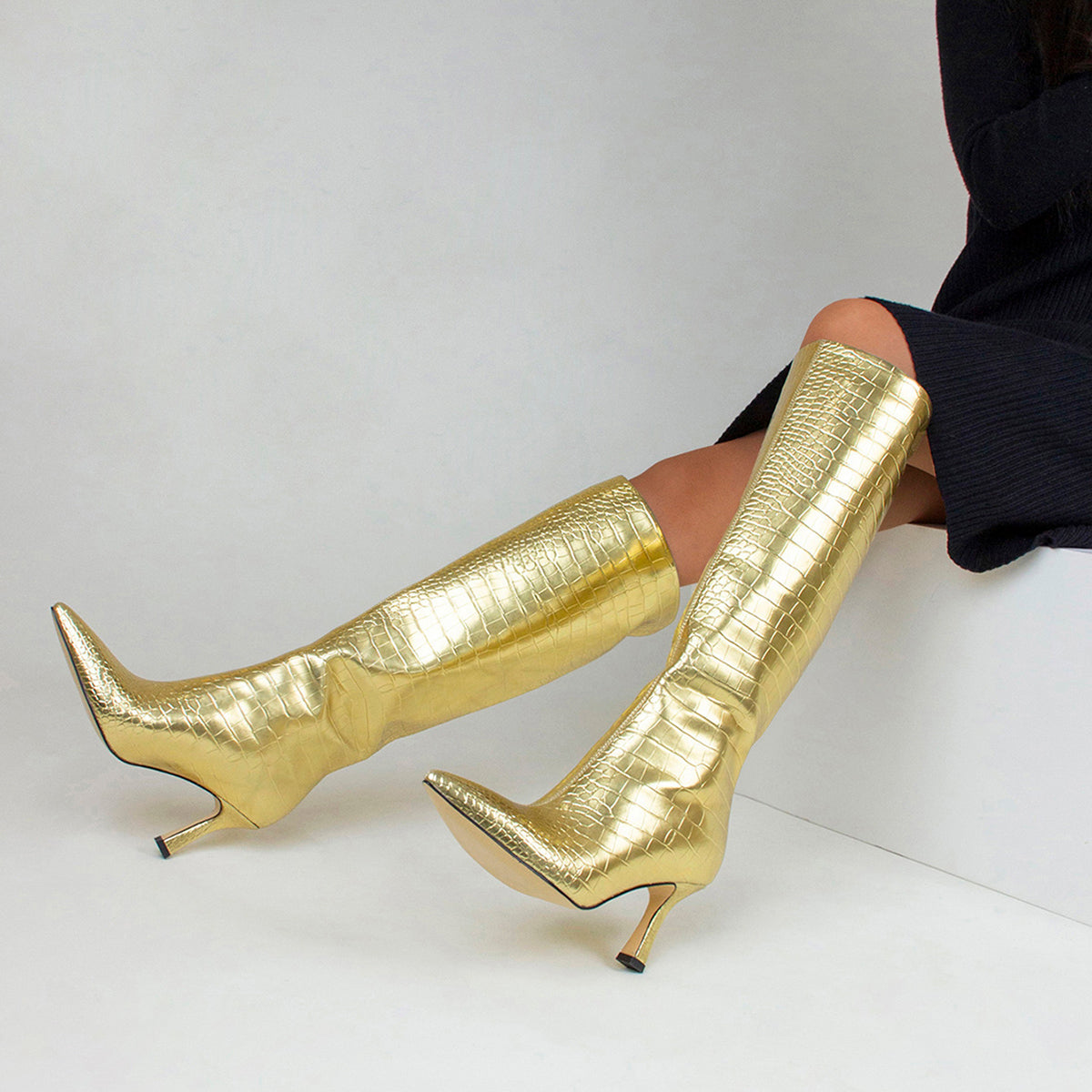 Gold Croc Vegan Leather Stiletto Heel Knee-High Boots