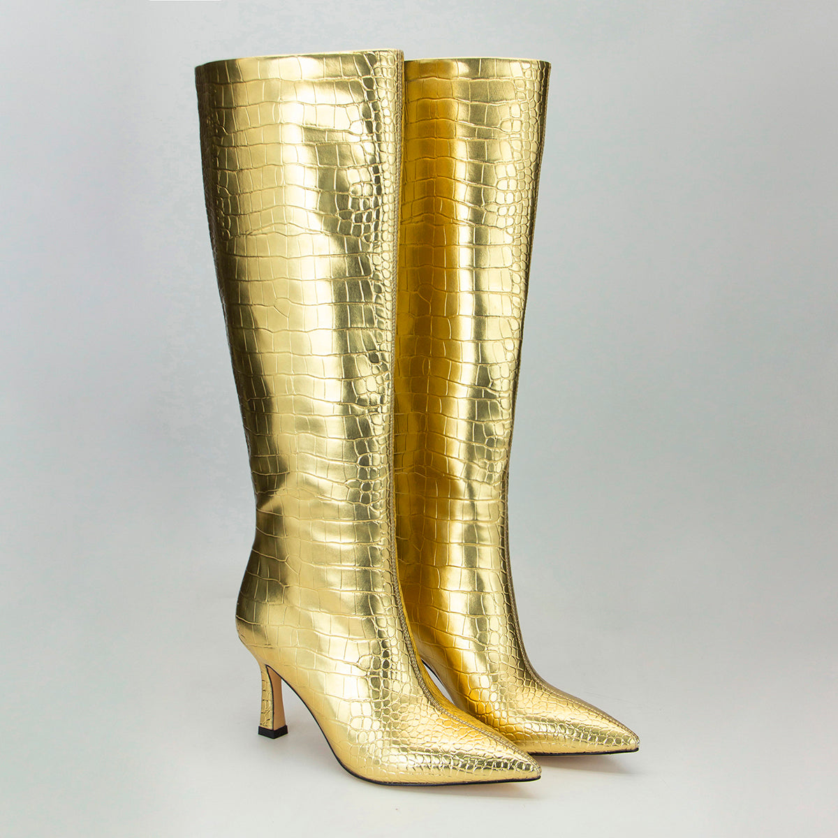 Gold Croc Vegan Leather Stiletto Heel Knee-High Boots