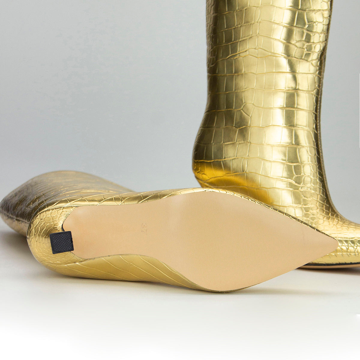 Gold Croc Vegan Leather Stiletto Heel Knee-High Boots