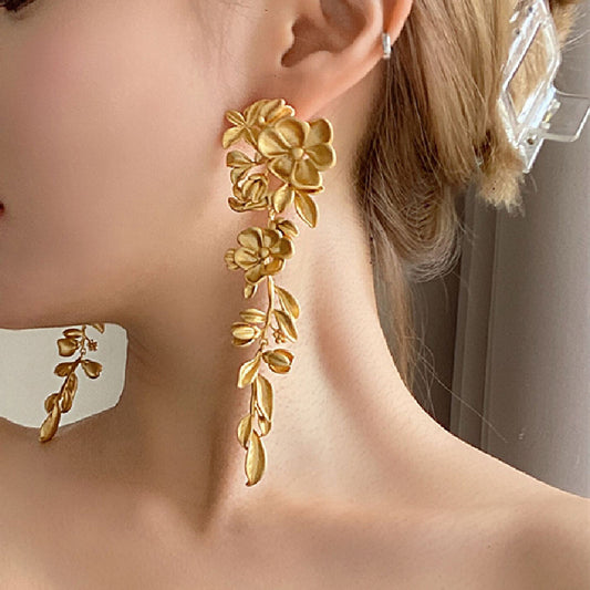 gold flower earrings petal long pendant vintage earrings