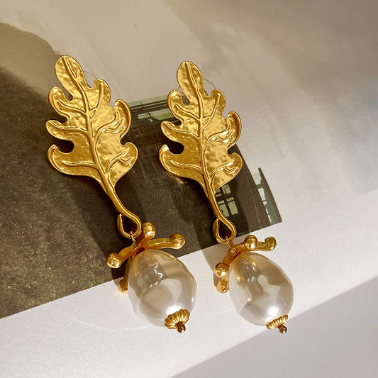 Gold Leaf Earrings S925 Silver Needle Vintage Pearl Stud Earrings