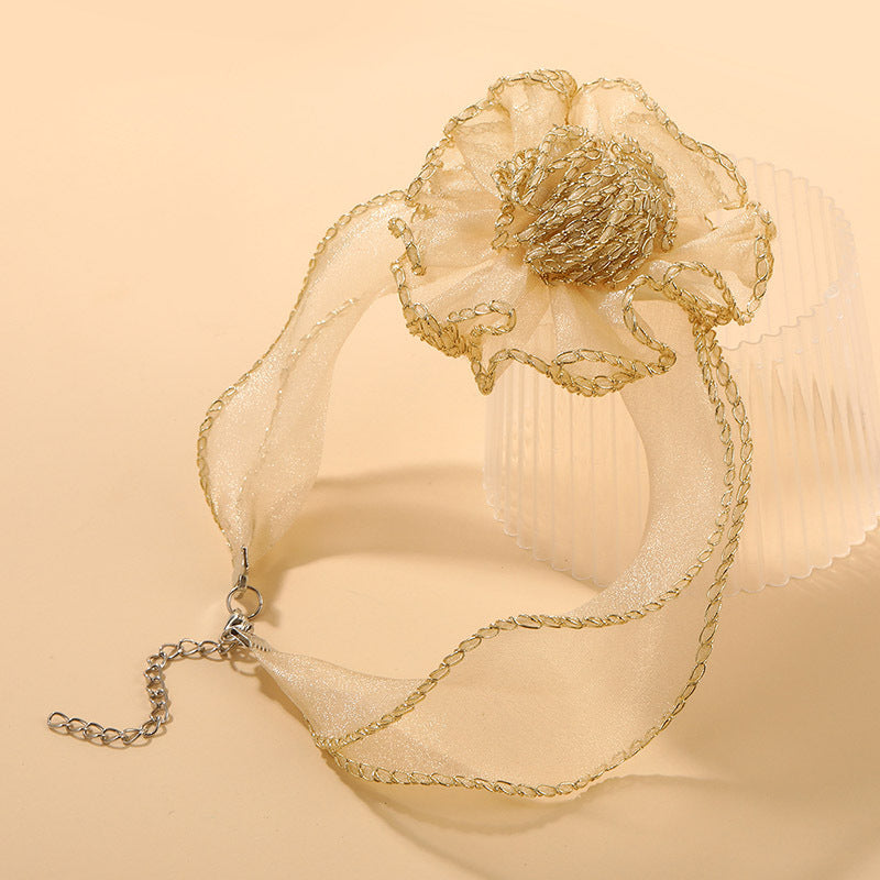 Gold mesh three-dimensional flower lace choker necklace