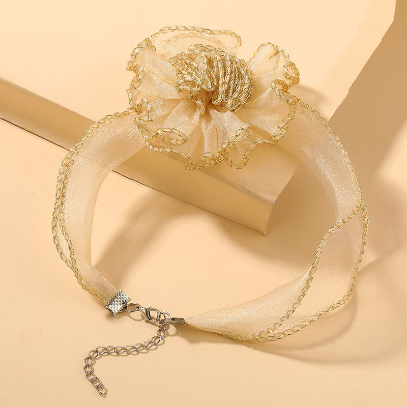 Gold mesh three-dimensional flower lace choker necklace