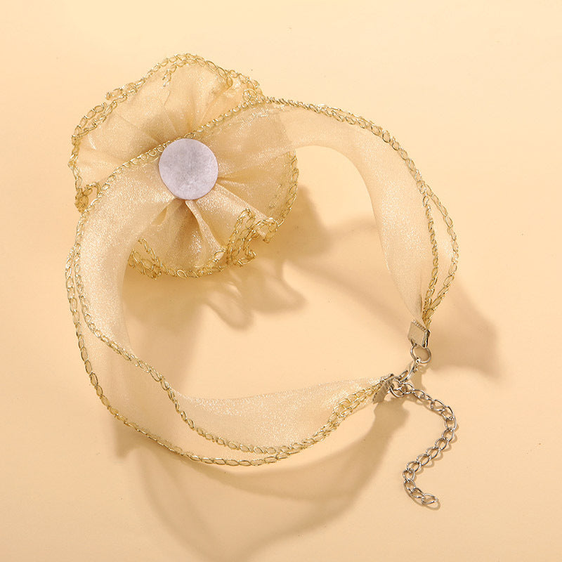 Gold mesh three-dimensional flower lace choker necklace