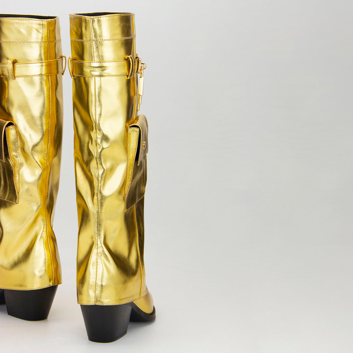 Gold Pocket Fold-Up Block Heel Pointed Tawny High Boots