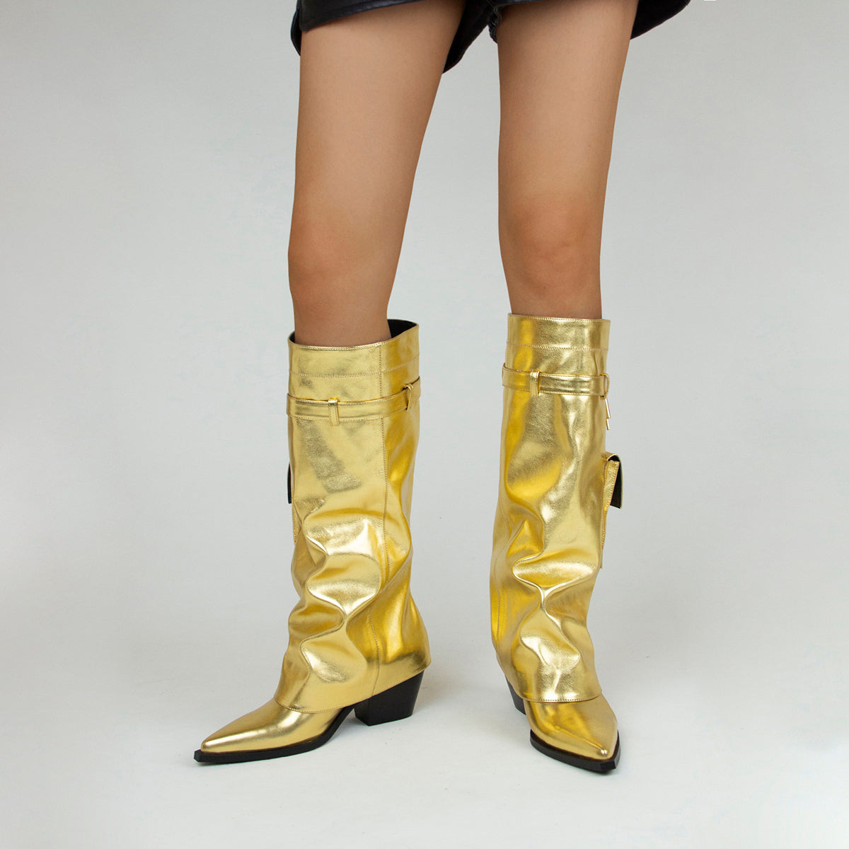 Gold Pocket Fold-Up Block Heel Pointed Tawny High Boots