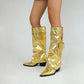 Gold Pocket Fold-Up Block Heel Pointed Tawny High Boots