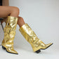 Gold Pocket Fold-Up Block Heel Pointed Tawny High Boots