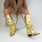 Gold Pocket Fold-Up Block Heel Pointed Tawny High Boots