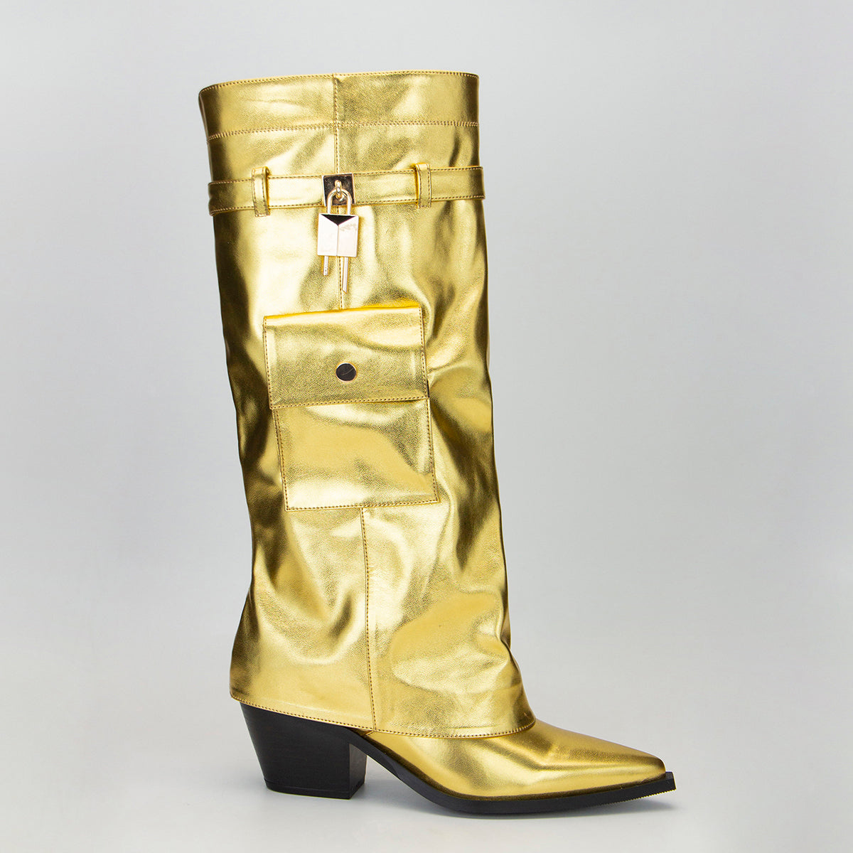 Gold Pocket Fold-Up Block Heel Pointed Tawny High Boots