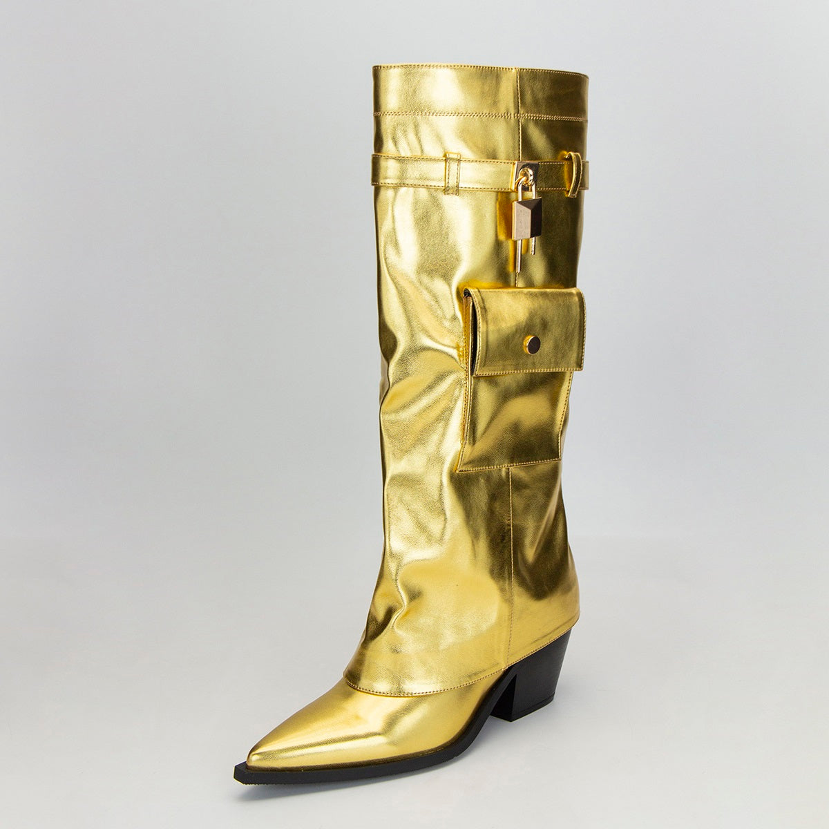 Gold Pocket Fold-Up Block Heel Pointed Tawny High Boots