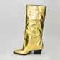 Gold Pocket Fold-Up Block Heel Pointed Tawny High Boots