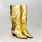 Gold Pocket Fold-Up Block Heel Pointed Tawny High Boots