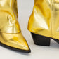 Gold Pocket Fold-Up Block Heel Pointed Tawny High Boots