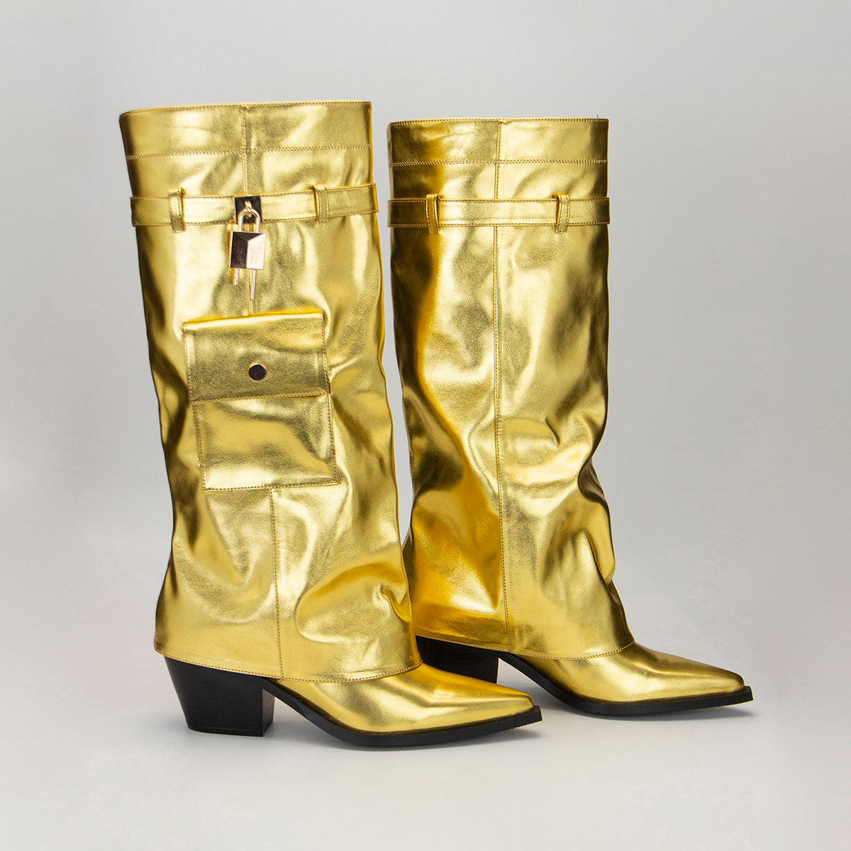 Gold Pocket Fold-Up Block Heel Pointed Tawny High Boots