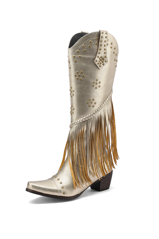 <tc>Gold Python Printed Fringe and Stud Women's Cowboy Western Booties</tc>