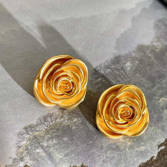 Golden three-dimensional rose earrings multi-layer vintage flower earrings