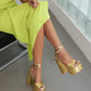 Golden Open Toe Chunky Heel Platform Sandals Party Strap Sandals