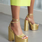 Golden Open Toe Chunky Heel Platform Sandals Party Strap Sandals