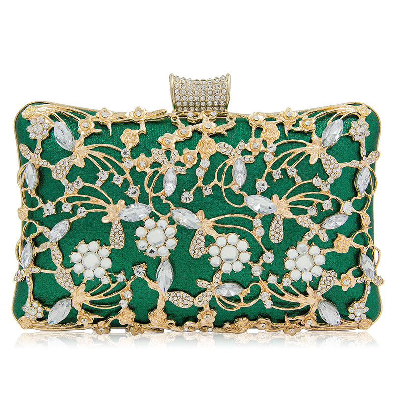 Floral party clutch bag decorated with silver and golden rhinestones