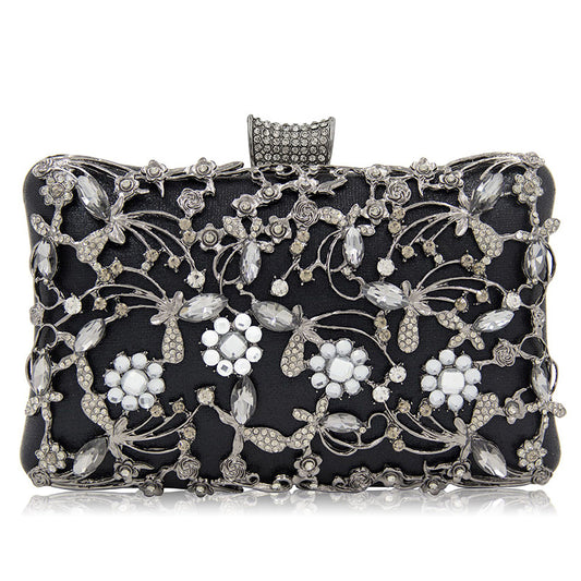 black rhinestone flower party clutch bag