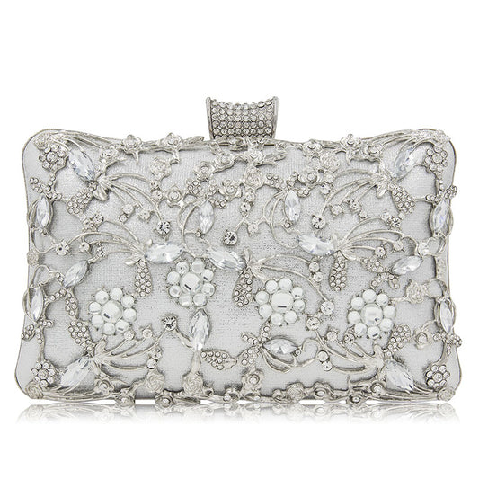 Silver Rhinestone Flowers Party Clutch Bag