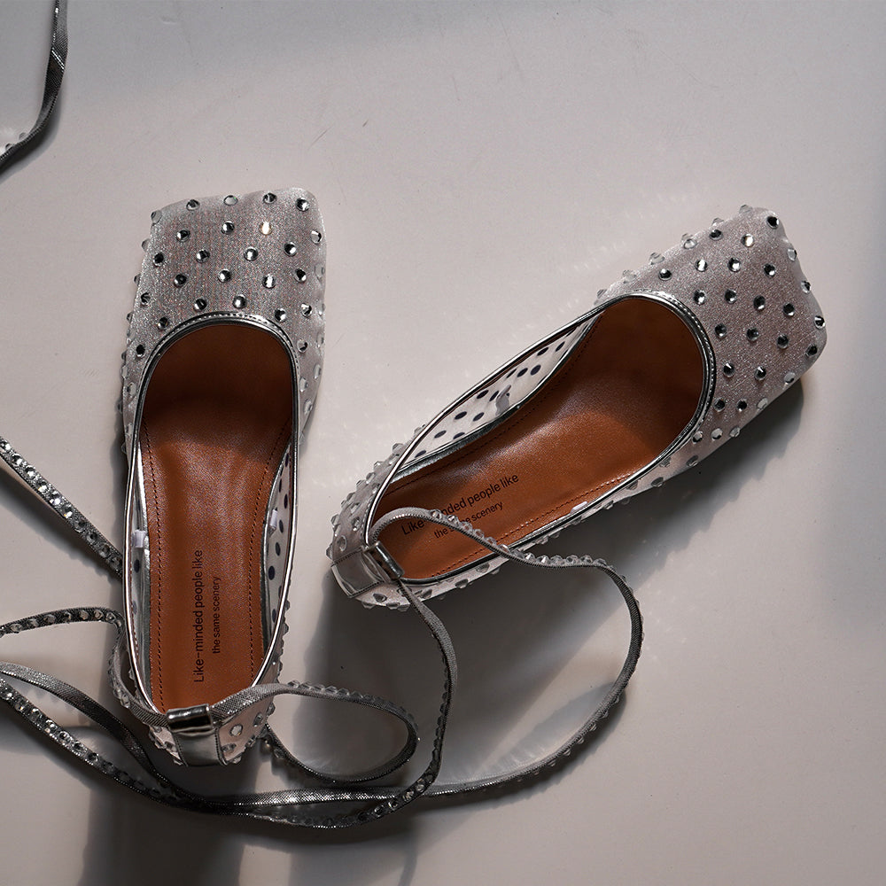 <tc>Silver Rhinestone Mesh Square Toe Strappy Flats</tc>