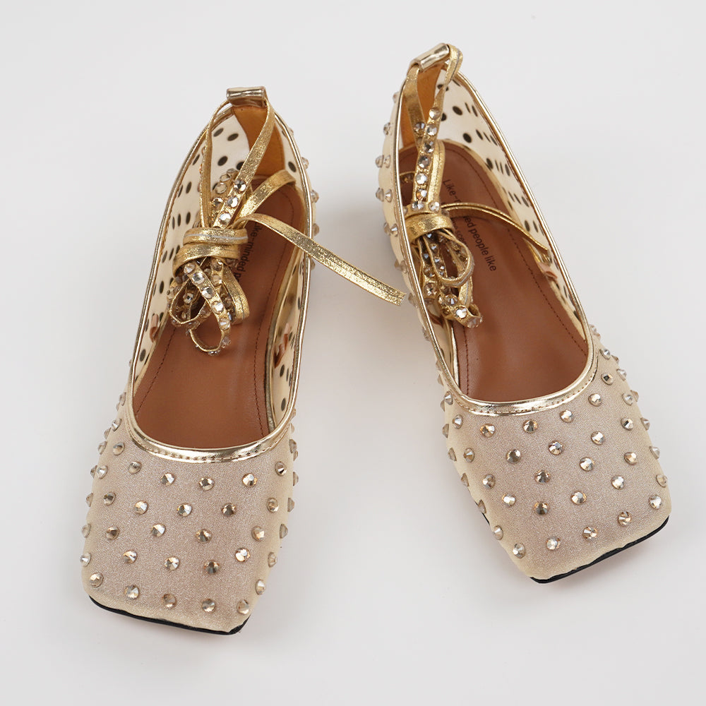 <tc>Gold Rhinestone Mesh Square Toe Strappy Flats</tc>