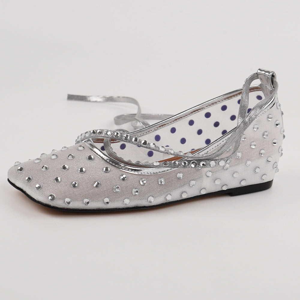 <tc>Silver Rhinestone Mesh Square Toe Strappy Flats</tc>