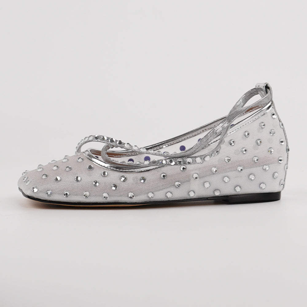 <tc>Silver Rhinestone Mesh Square Toe Strappy Flats</tc>