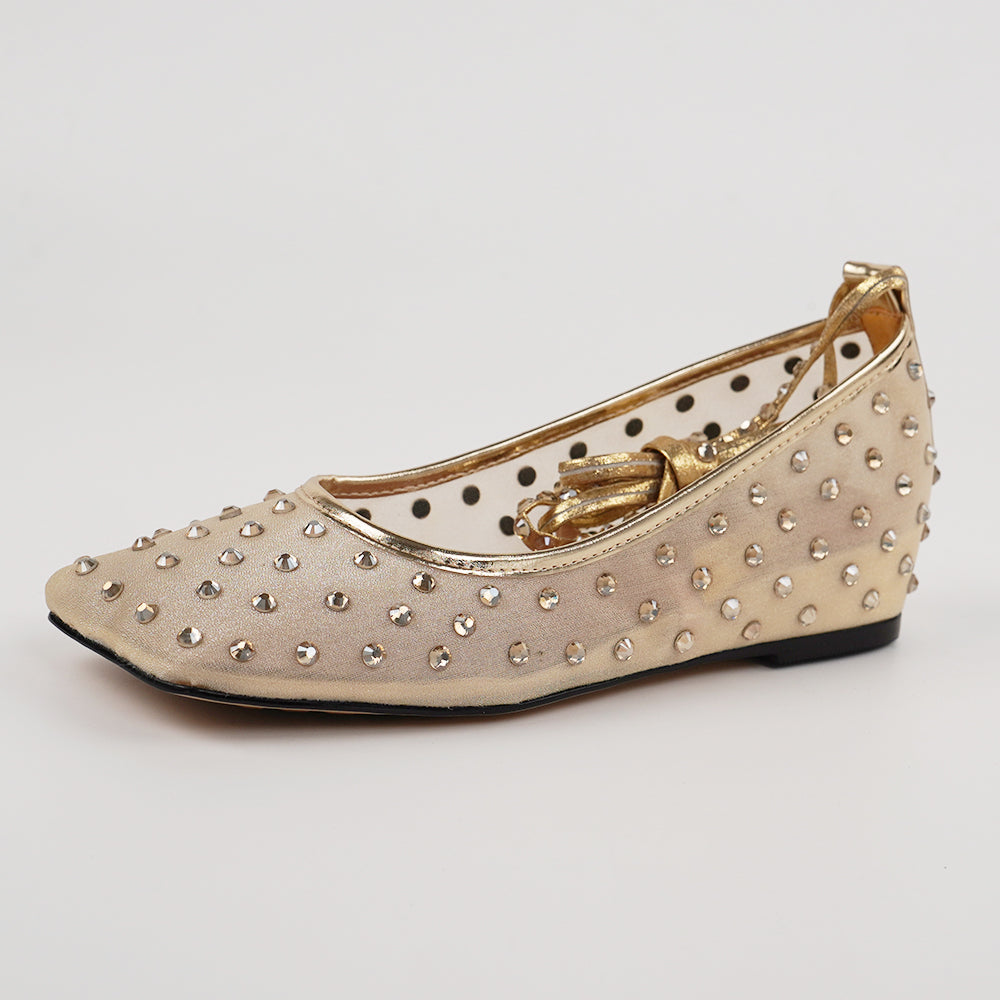 <tc>Gold Rhinestone Mesh Square Toe Strappy Flats</tc>