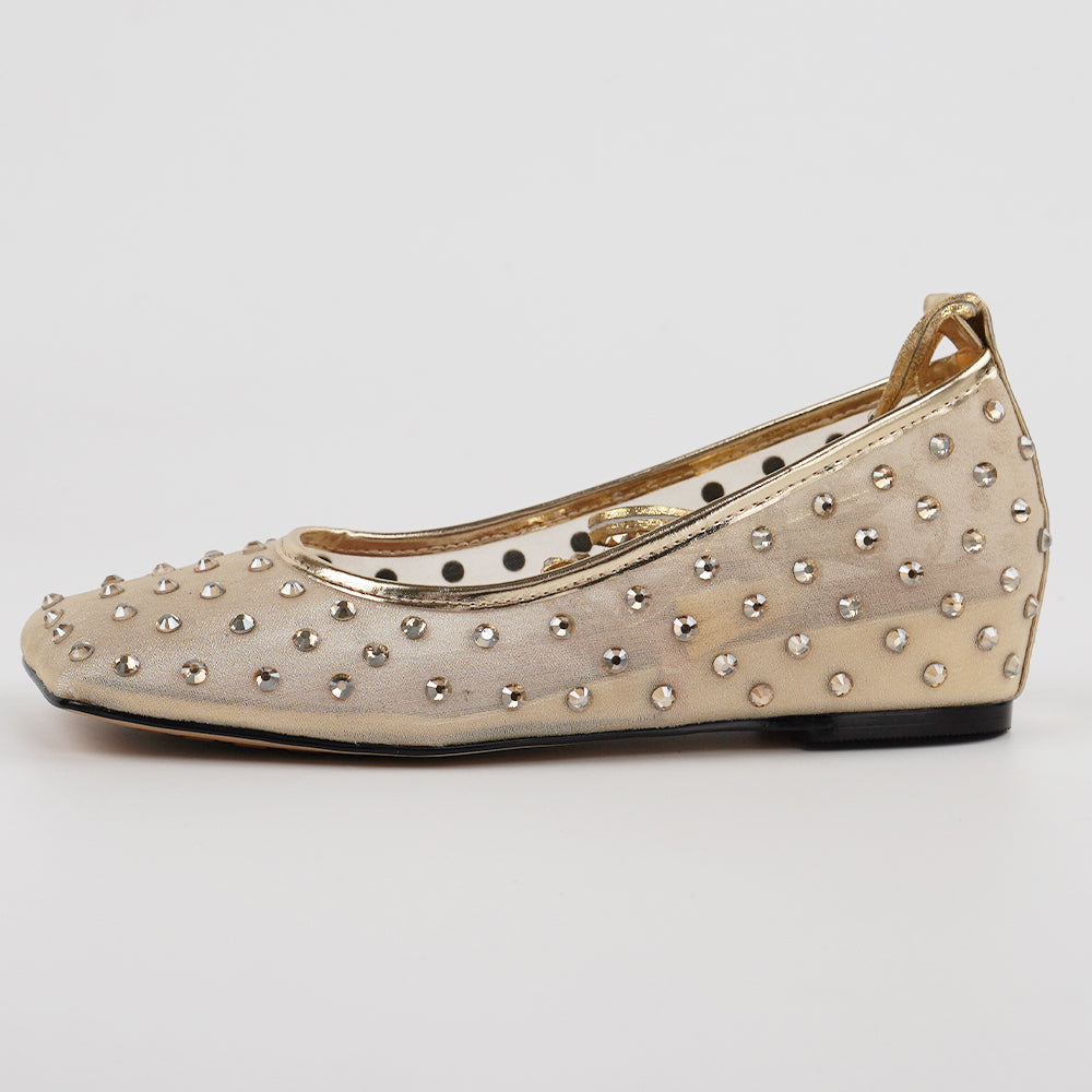 <tc>Gold Rhinestone Mesh Square Toe Strappy Flats</tc>