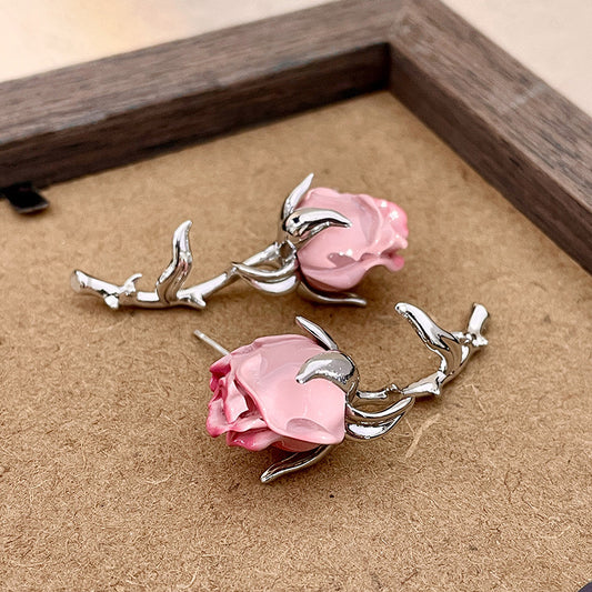 Gradient Pink Rose Stud Earrings Romantic Flower Earrings