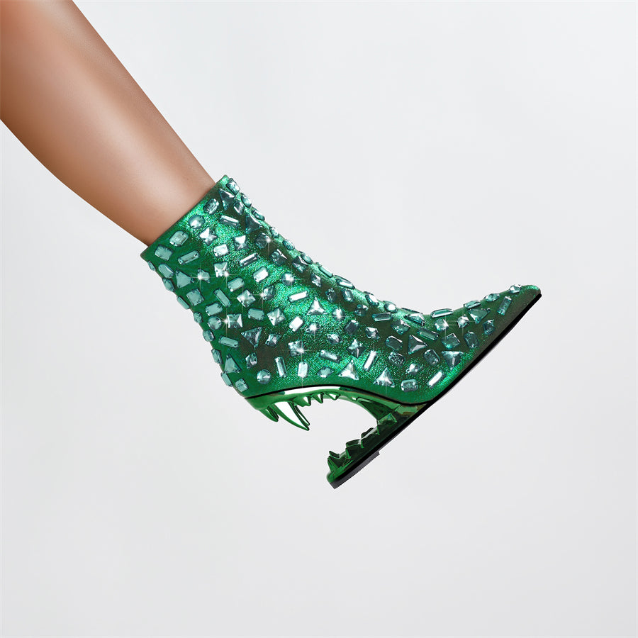 Green Animal Tooth Design Rhinestone Pointed Toe Ankle Boots