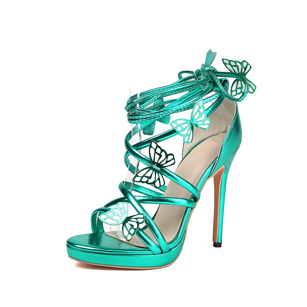 <tc>Green Butterfly Strappy Stiletto Heels Party Sandals</tc>